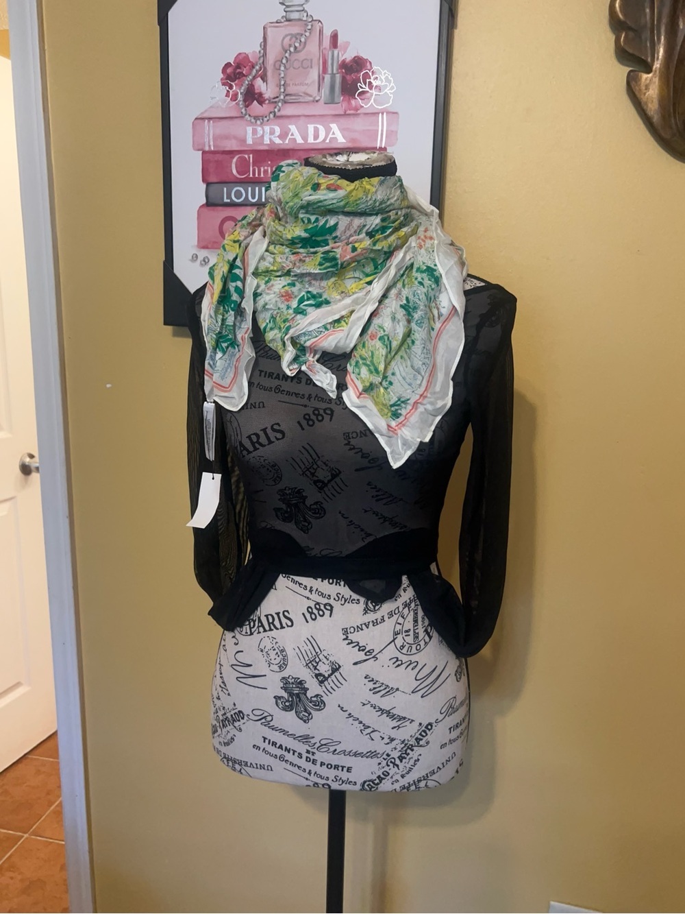 Floral Lightweight Scarf - Green, Yellow & White